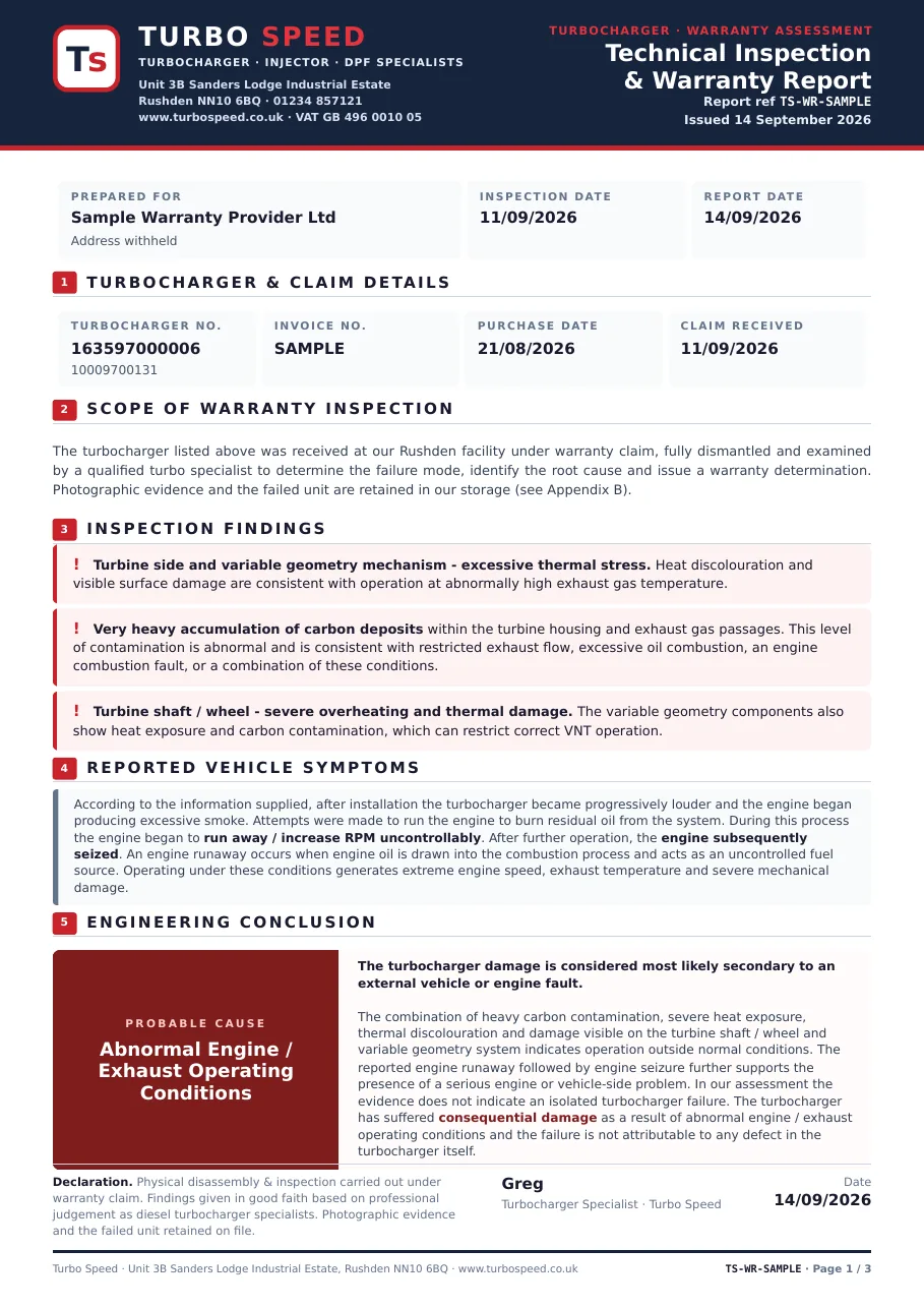 First page of a sample turbocharger warranty report